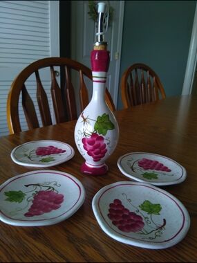 Vintage Hand-Painted Ceramic Grape Oil Cruet with Matching Coasters